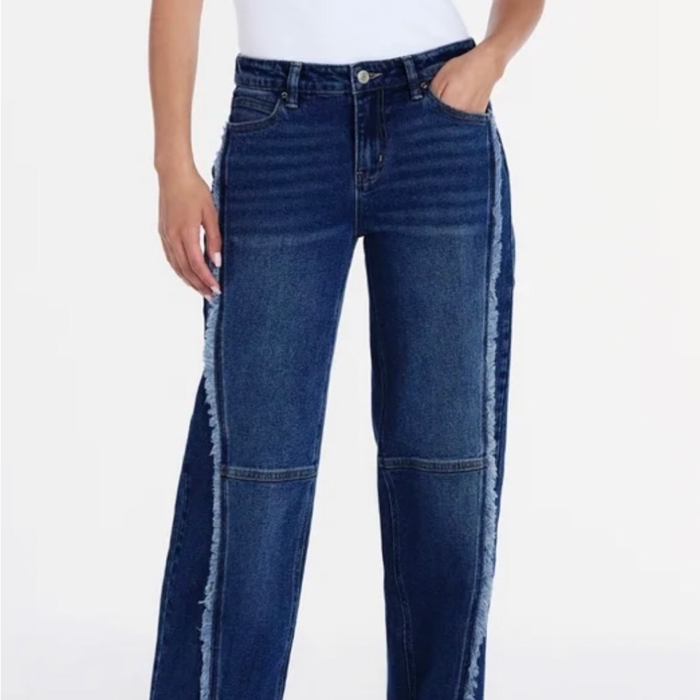 MADDEN NYC | Women's Dark Indigo Blue Wide-Leg Jeans with Fringe Seams